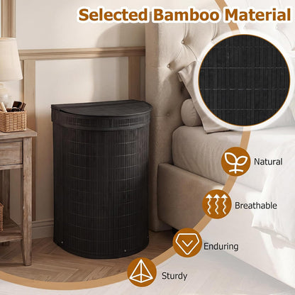 Bamboo Laundry Hamper with Zippered Lid, 16 Gal Large Capacity Clothes Hamper w/Removable Liner, Half Moon Laundry Basket for Bedroom, Bathroom, Laundry Room (Natural)