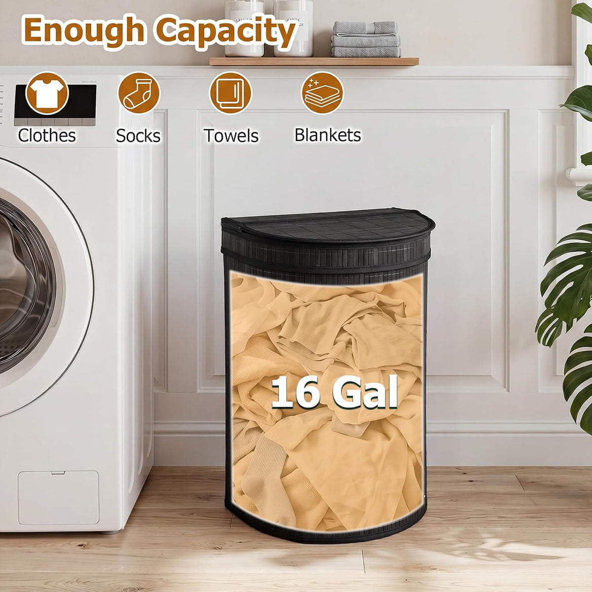 Bamboo Laundry Hamper with Zippered Lid, 16 Gal Large Capacity Clothes Hamper w/Removable Liner, Half Moon Laundry Basket for Bedroom, Bathroom, Laundry Room (Natural)