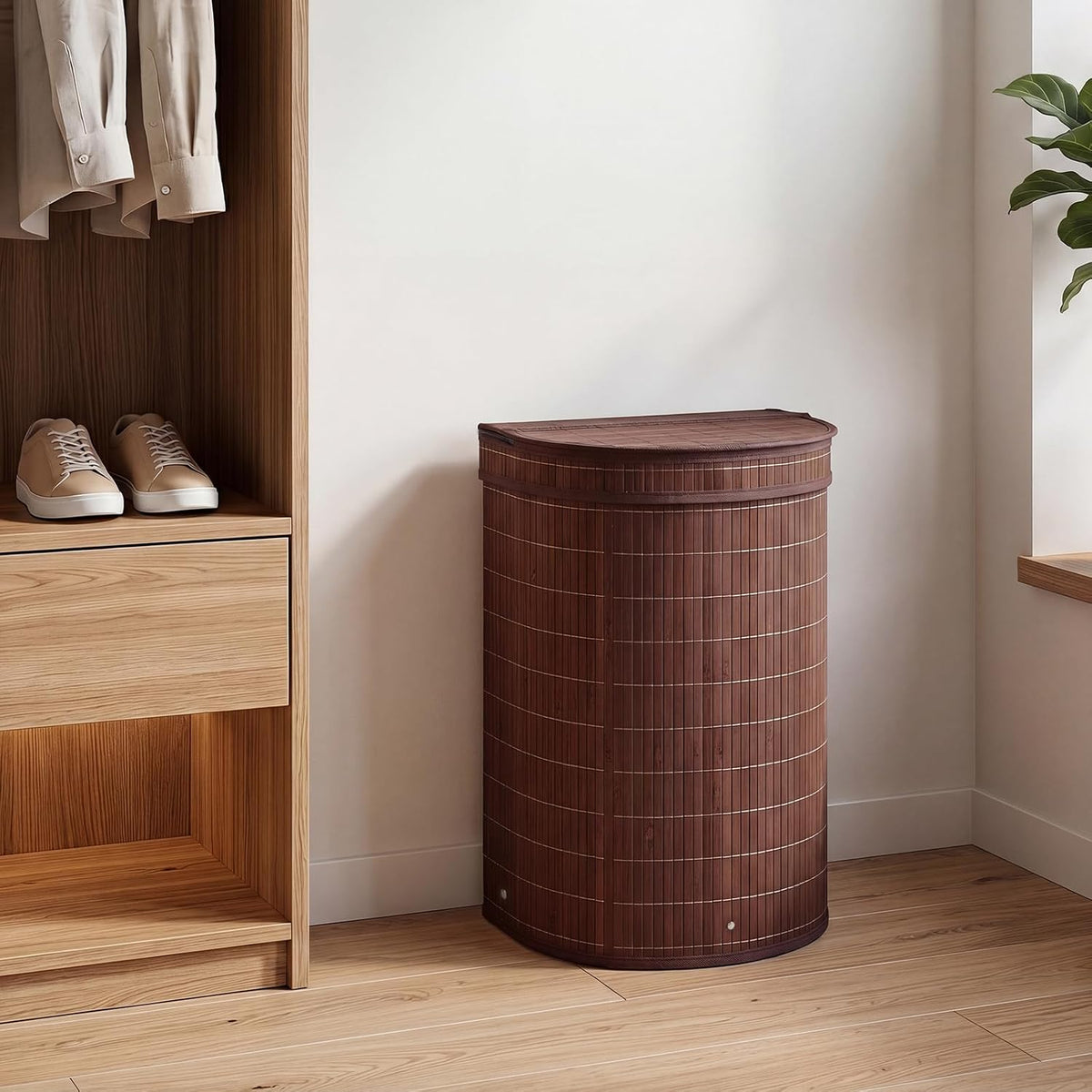 Bamboo Laundry Hamper with Zippered Lid, 16 Gal Large Capacity Clothes Hamper w/Removable Liner, Half Moon Laundry Basket for Bedroom, Bathroom, Laundry Room (Natural)