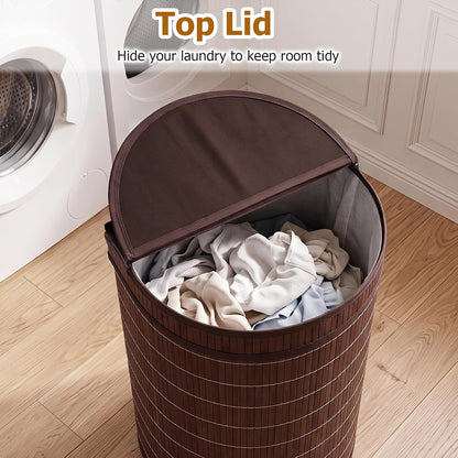 Bamboo Laundry Hamper with Zippered Lid, 16 Gal Large Capacity Clothes Hamper w/Removable Liner, Half Moon Laundry Basket for Bedroom, Bathroom, Laundry Room (Natural)
