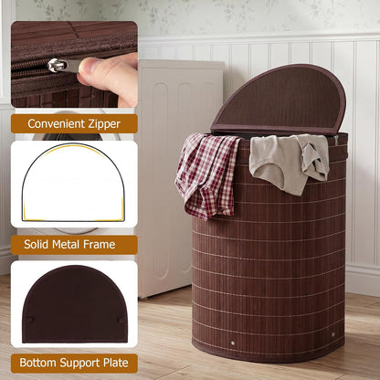 Bamboo Laundry Hamper with Zippered Lid, 16 Gal Large Capacity Clothes Hamper w/Removable Liner, Half Moon Laundry Basket for Bedroom, Bathroom, Laundry Room (Natural)