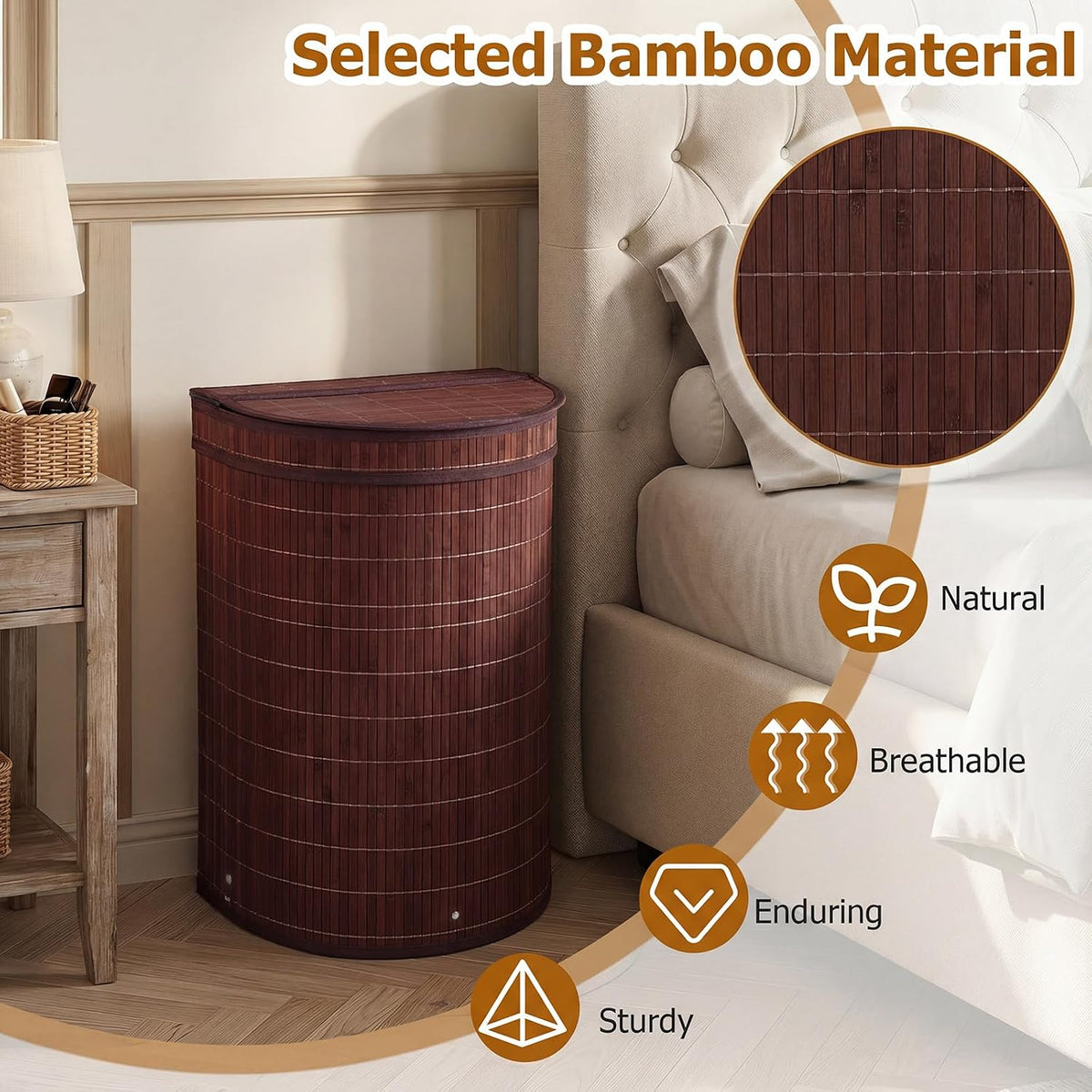 Bamboo Laundry Hamper with Zippered Lid, 16 Gal Large Capacity Clothes Hamper w/Removable Liner, Half Moon Laundry Basket for Bedroom, Bathroom, Laundry Room (Natural)
