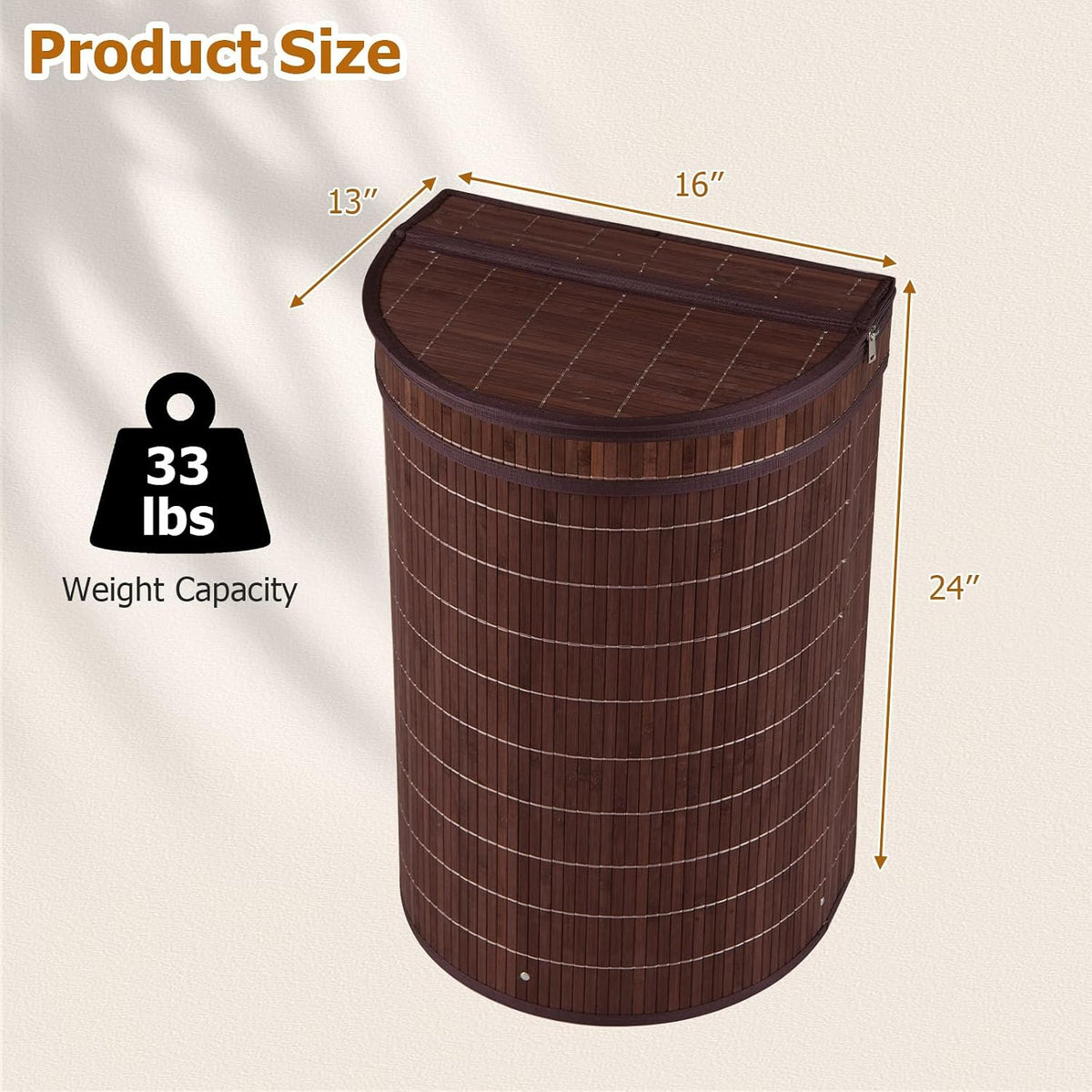 Bamboo Laundry Hamper with Zippered Lid, 16 Gal Large Capacity Clothes Hamper w/Removable Liner, Half Moon Laundry Basket for Bedroom, Bathroom, Laundry Room (Natural)