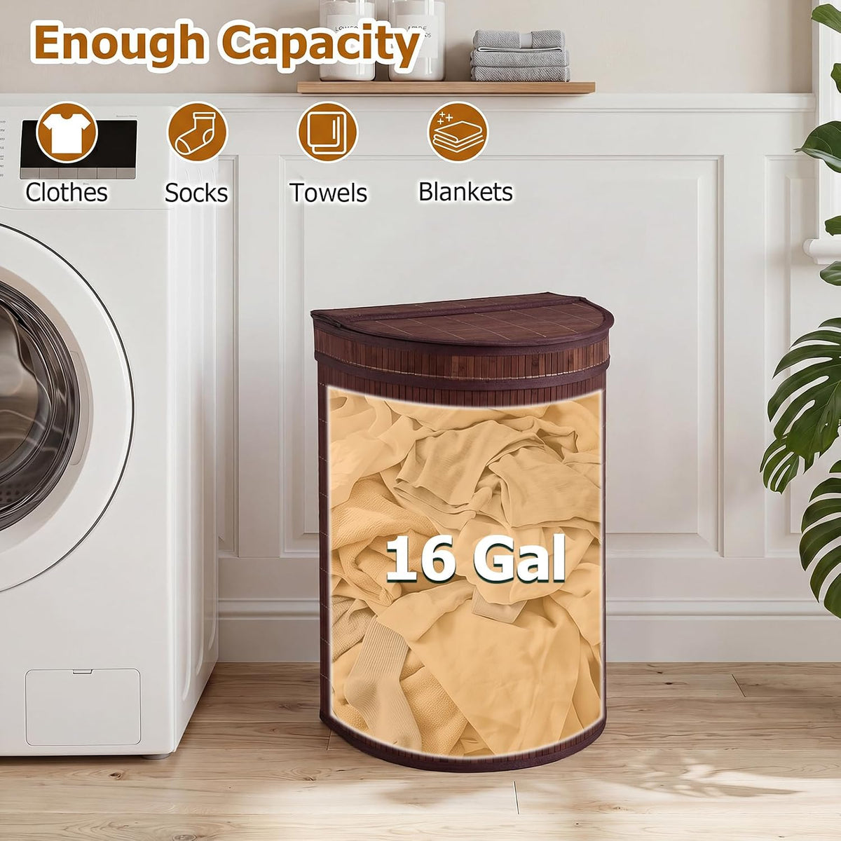 Bamboo Laundry Hamper with Zippered Lid, 16 Gal Large Capacity Clothes Hamper w/Removable Liner, Half Moon Laundry Basket for Bedroom, Bathroom, Laundry Room (Natural)