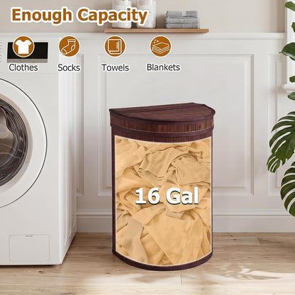Bamboo Laundry Hamper with Zippered Lid, 16 Gal Large Capacity Clothes Hamper w/Removable Liner, Half Moon Laundry Basket for Bedroom, Bathroom, Laundry Room (Natural)
