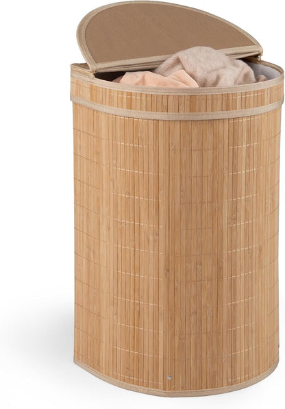 Bamboo Laundry Hamper with Zippered Lid, 16 Gal Large Capacity Clothes Hamper w/Removable Liner, Half Moon Laundry Basket for Bedroom, Bathroom, Laundry Room (Natural)