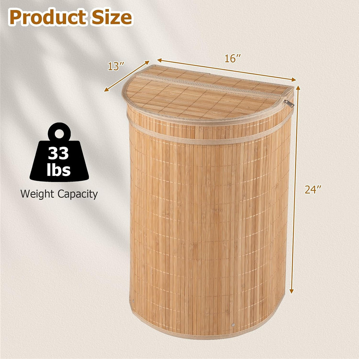 Bamboo Laundry Hamper with Zippered Lid, 16 Gal Large Capacity Clothes Hamper w/Removable Liner, Half Moon Laundry Basket for Bedroom, Bathroom, Laundry Room (Natural)