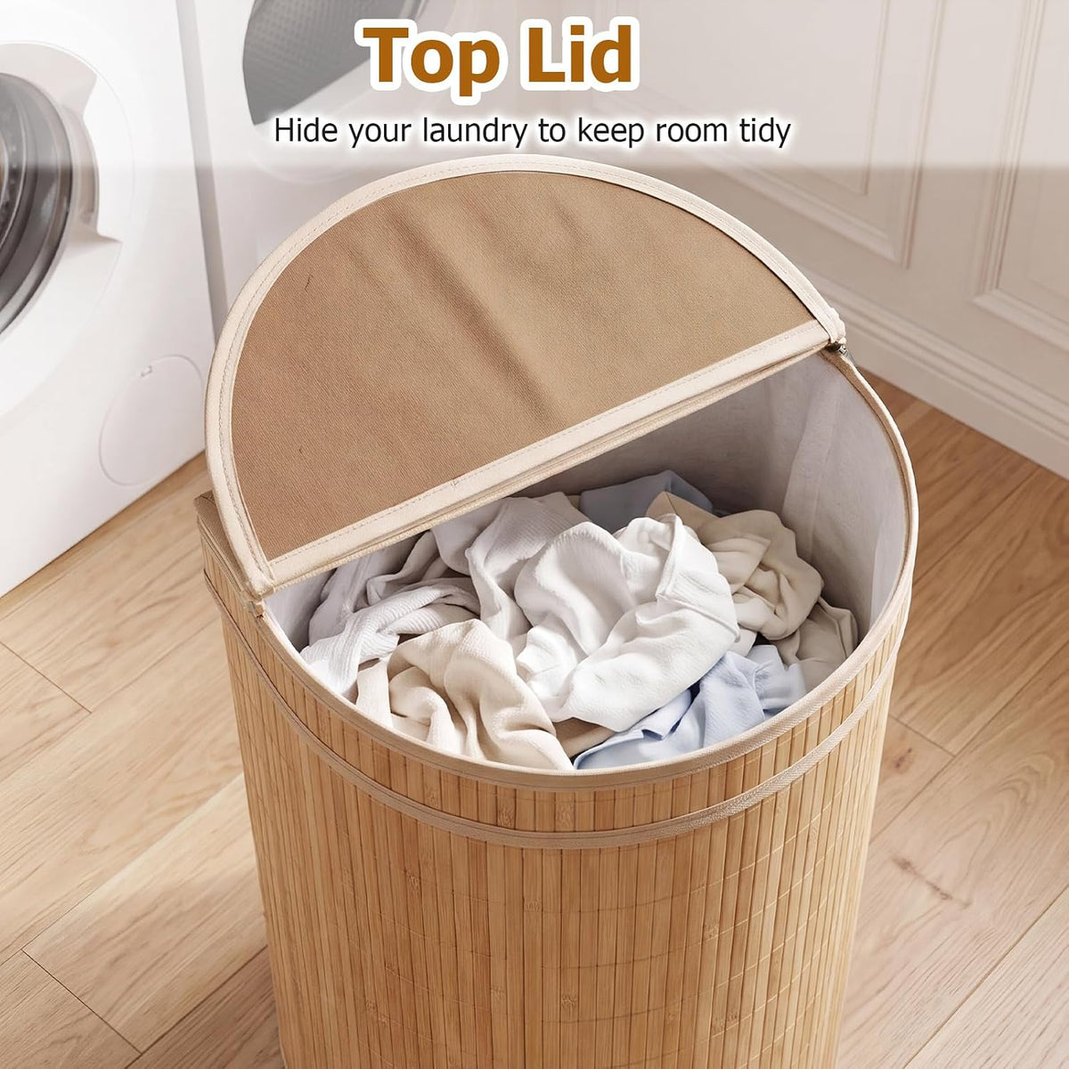 Bamboo Laundry Hamper with Zippered Lid, 16 Gal Large Capacity Clothes Hamper w/Removable Liner, Half Moon Laundry Basket for Bedroom, Bathroom, Laundry Room (Natural)