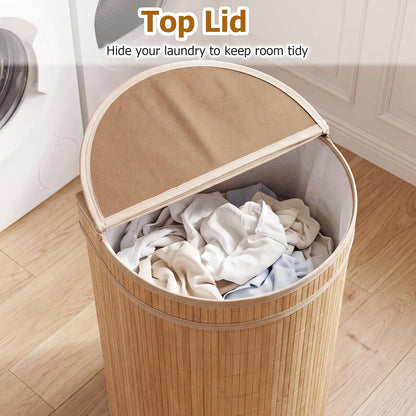 Bamboo Laundry Hamper with Zippered Lid, 16 Gal Large Capacity Clothes Hamper w/Removable Liner, Half Moon Laundry Basket for Bedroom, Bathroom, Laundry Room (Natural)
