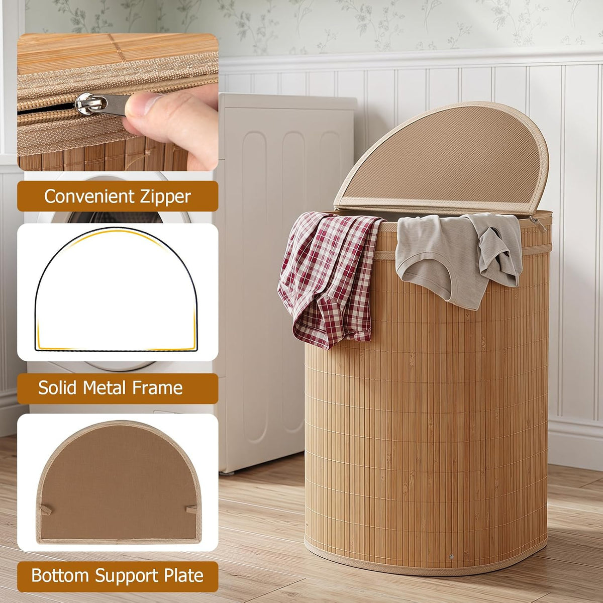 Bamboo Laundry Hamper with Zippered Lid, 16 Gal Large Capacity Clothes Hamper w/Removable Liner, Half Moon Laundry Basket for Bedroom, Bathroom, Laundry Room (Natural)