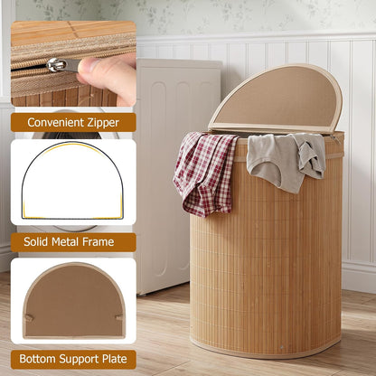 Bamboo Laundry Hamper with Zippered Lid, 16 Gal Large Capacity Clothes Hamper w/Removable Liner, Half Moon Laundry Basket for Bedroom, Bathroom, Laundry Room (Natural)