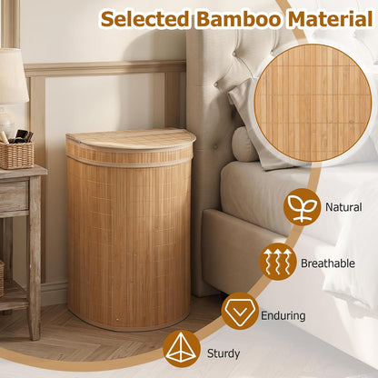 Bamboo Laundry Hamper with Zippered Lid, 16 Gal Large Capacity Clothes Hamper w/Removable Liner, Half Moon Laundry Basket for Bedroom, Bathroom, Laundry Room (Natural)