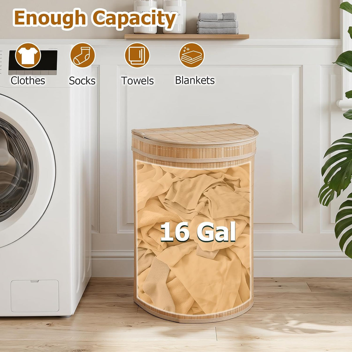 Bamboo Laundry Hamper with Zippered Lid, 16 Gal Large Capacity Clothes Hamper w/Removable Liner, Half Moon Laundry Basket for Bedroom, Bathroom, Laundry Room (Natural)