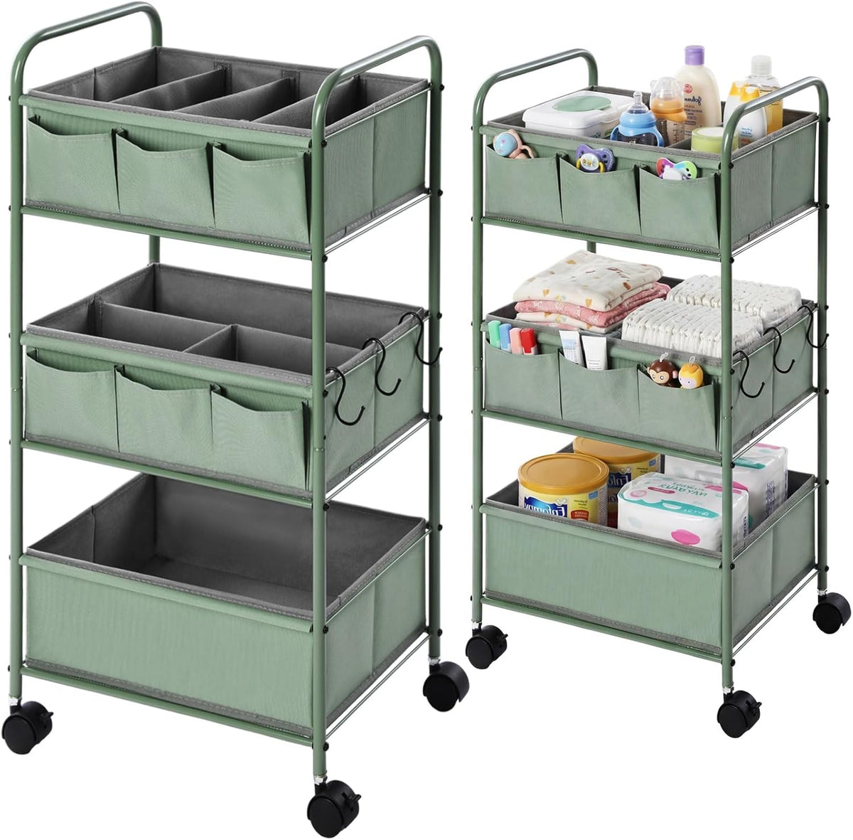 WILLBOND 3 Tier Green Baby Diaper Caddy Organizer Cart with 4+3 Dividers Large Capacity Metal Utility Bedside Rolling Cart Newborn Registry Nursery Essential Must Have Crib Bedroom Baby Shower