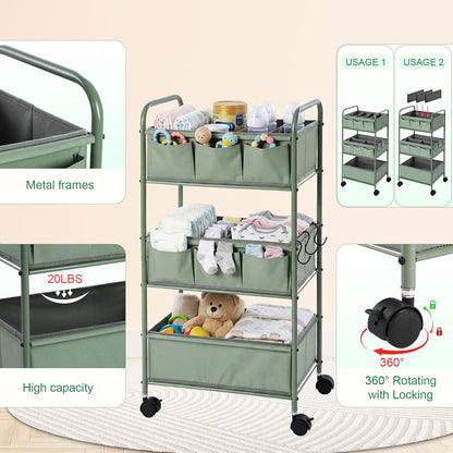 WILLBOND 3 Tier Green Baby Diaper Caddy Organizer Cart with 4+3 Dividers Large Capacity Metal Utility Bedside Rolling Cart Newborn Registry Nursery Essential Must Have Crib Bedroom Baby Shower