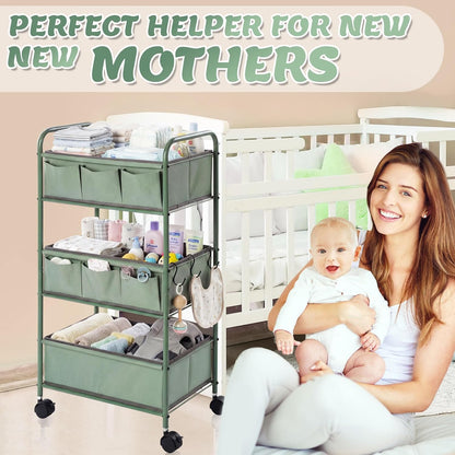 WILLBOND 3 Tier Green Baby Diaper Caddy Organizer Cart with 4+3 Dividers Large Capacity Metal Utility Bedside Rolling Cart Newborn Registry Nursery Essential Must Have Crib Bedroom Baby Shower