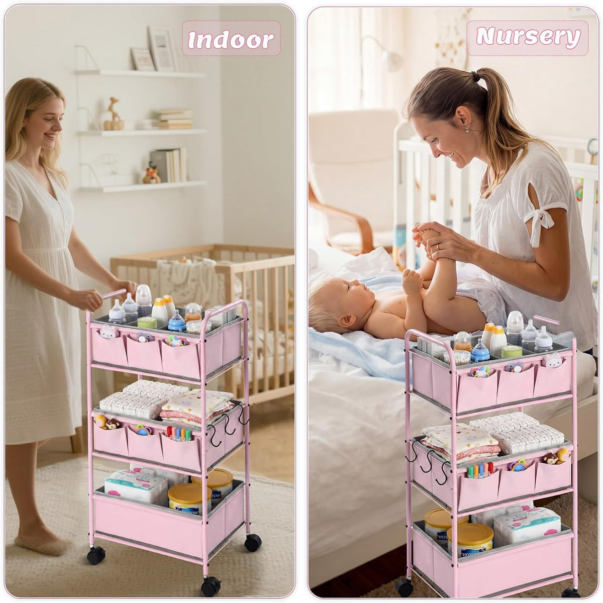WILLBOND 3 Tier Green Baby Diaper Caddy Organizer Cart with 4+3 Dividers Large Capacity Metal Utility Bedside Rolling Cart Newborn Registry Nursery Essential Must Have Crib Bedroom Baby Shower