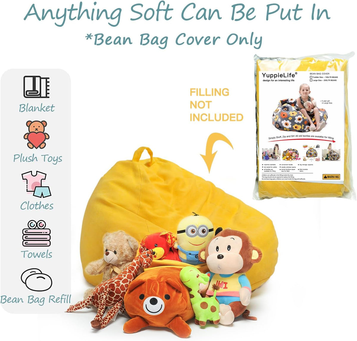Stuffed Animal Storage Bean Bag Cover, 27" Velvet Toy Organizer