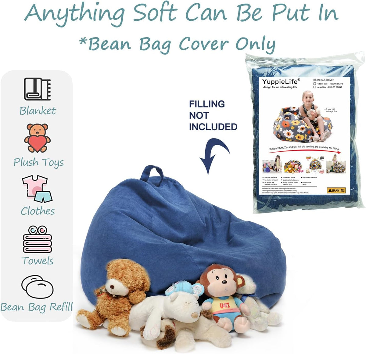 Stuffed Animal Storage Bean Bag Cover, 27" Velvet Toy Organizer