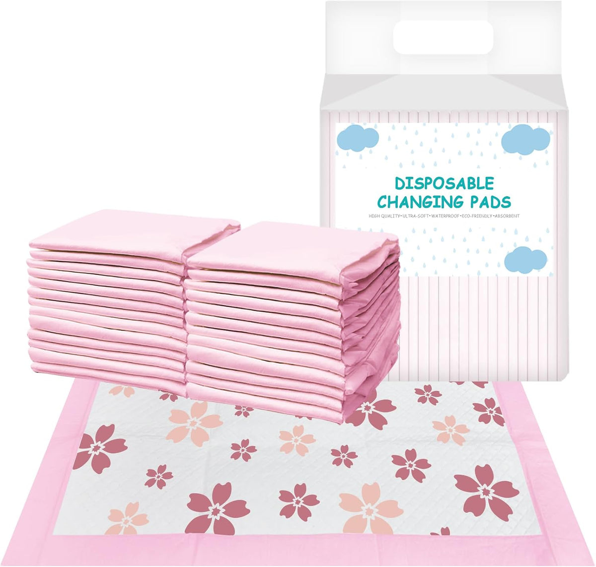 Disposable Changing Pad Liners for Baby 17 x 13 Inches (25 Pack) Absorbent Waterproof Underpads Incontinence Care Soft Non-Woven Fabric Breathable Changing Pad (Cherry Blossom)