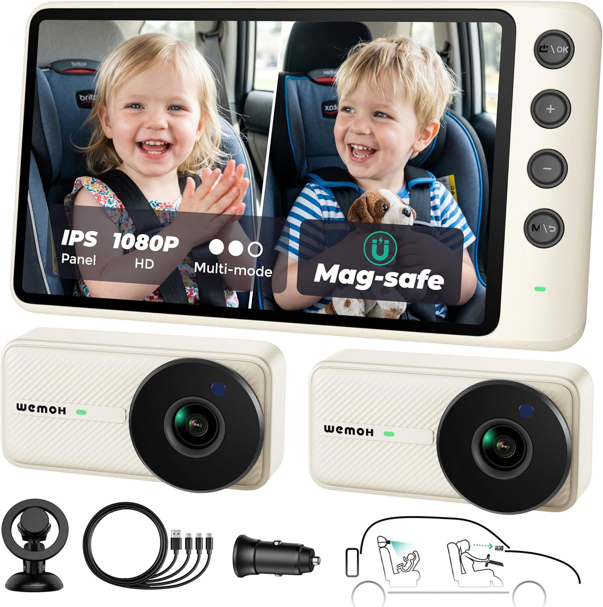 Magnetic Double Car Camera for 2 Baby with 5" 1080P IPS Monitor