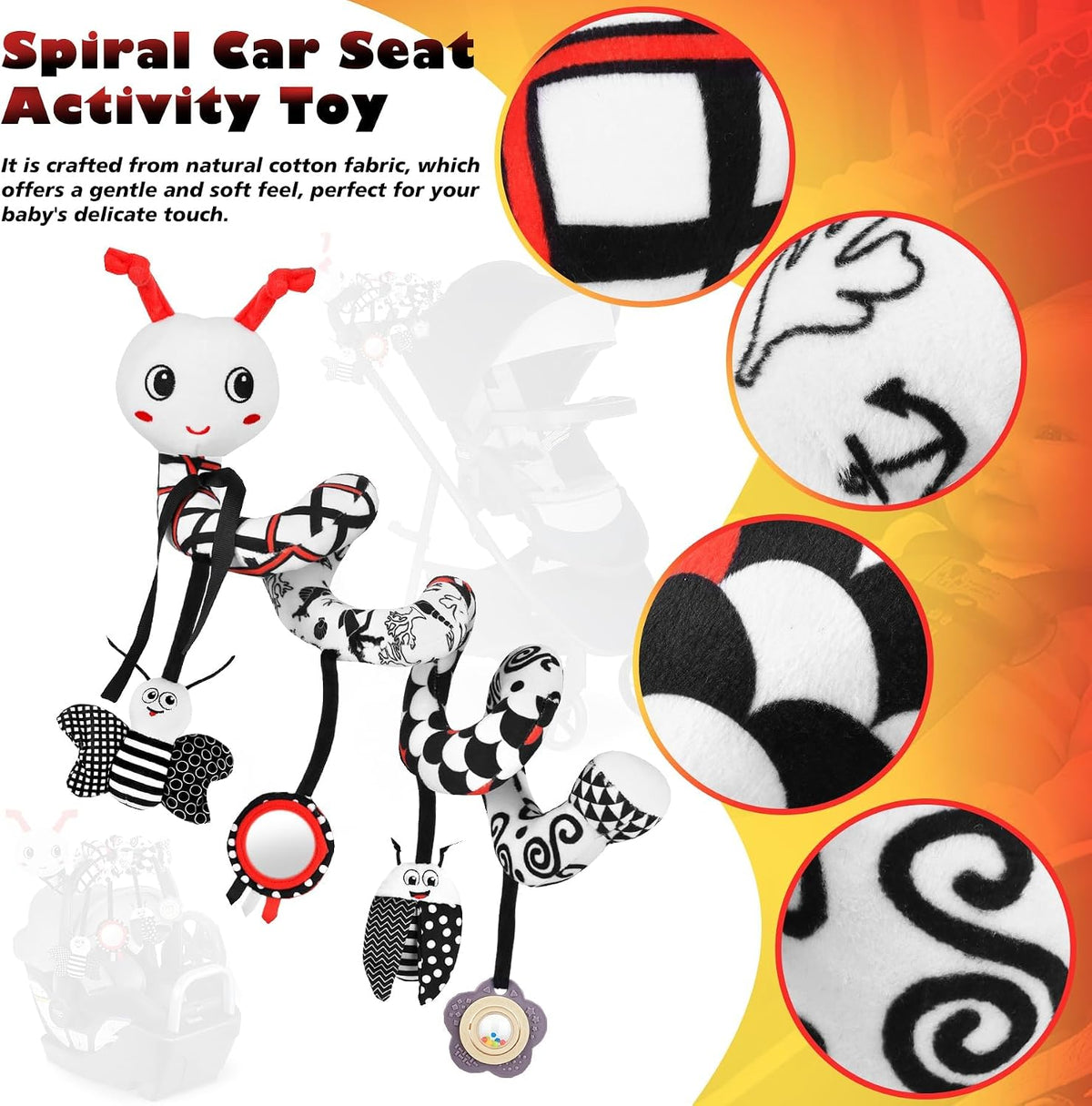 Car Seat Toys for Babies 0-6 Months, Black & White