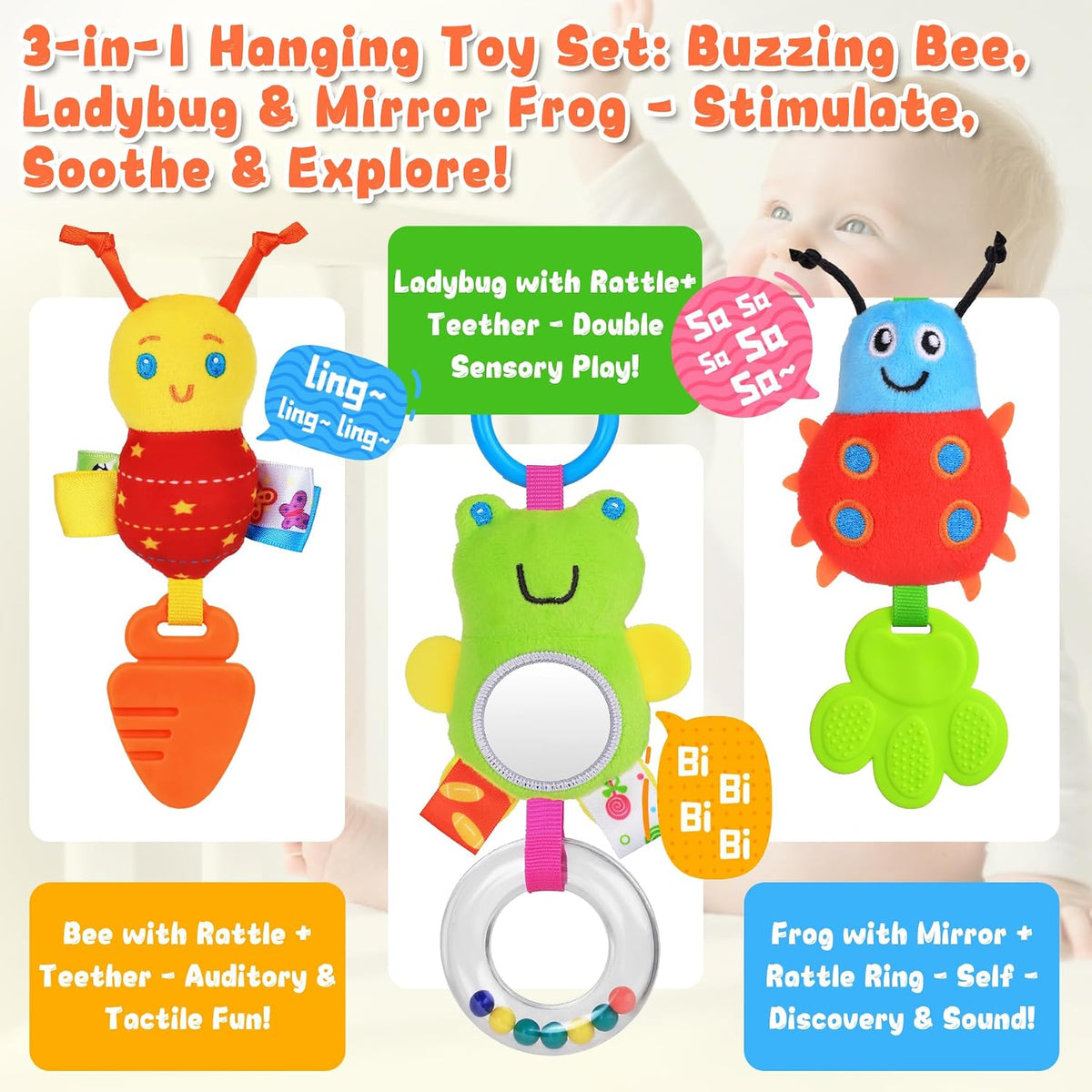 Car Seat Toys for Babies 0-6 Months, Black & White