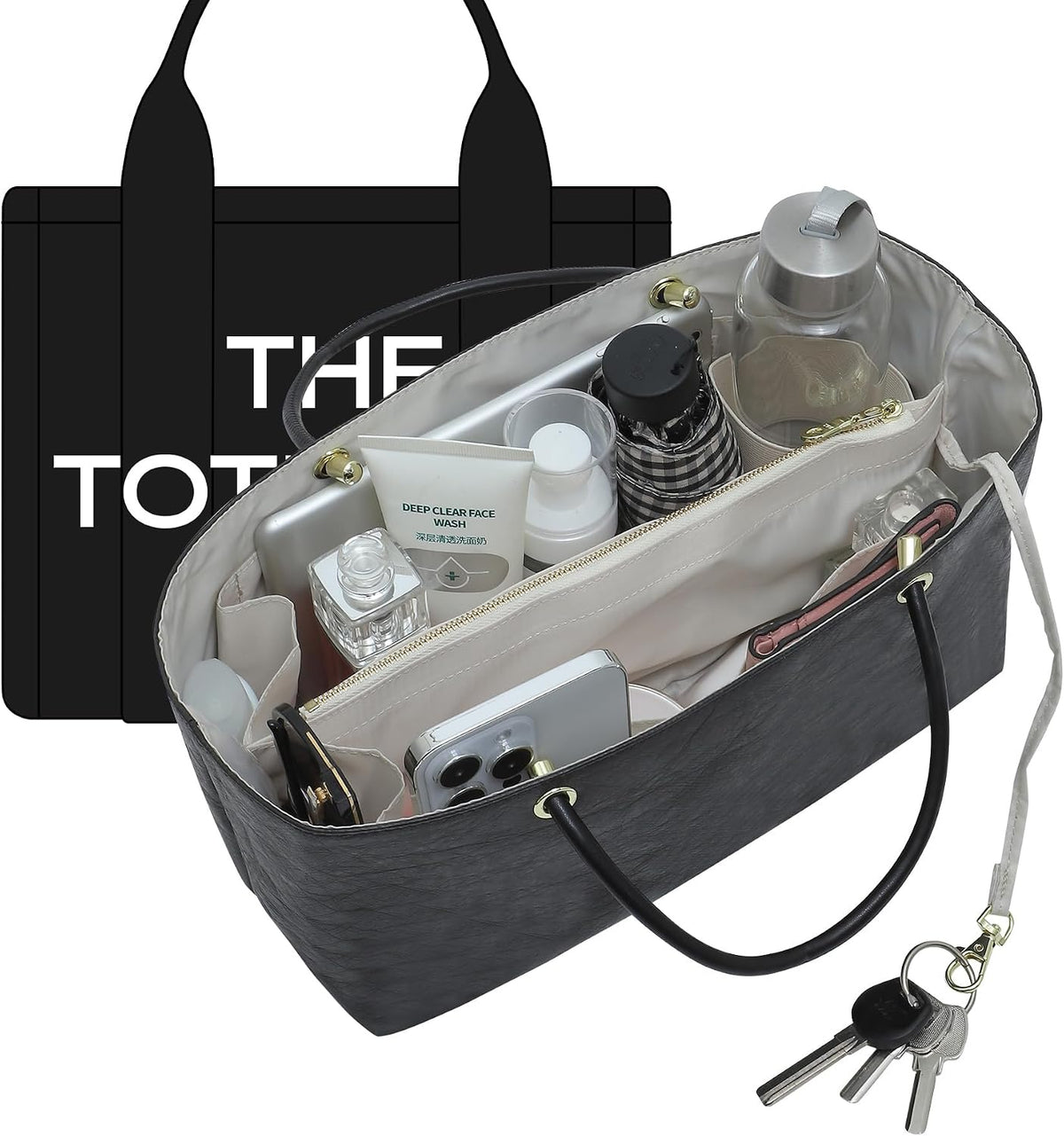 Purse Organizer Insert Compatiable with M arc Jacobs Small Tote Bag, Lightweight Zipper Handbag Organizer with Handle/Elastic Cup Holder/Key Leash, 16 Pockets Bags Divider Shaper, Black$White/S