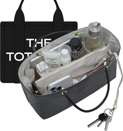 Purse Organizer Insert Compatiable with M arc Jacobs Small Tote Bag, Lightweight Zipper Handbag Organizer with Handle/Elastic Cup Holder/Key Leash, 16 Pockets Bags Divider Shaper, Black$White/S