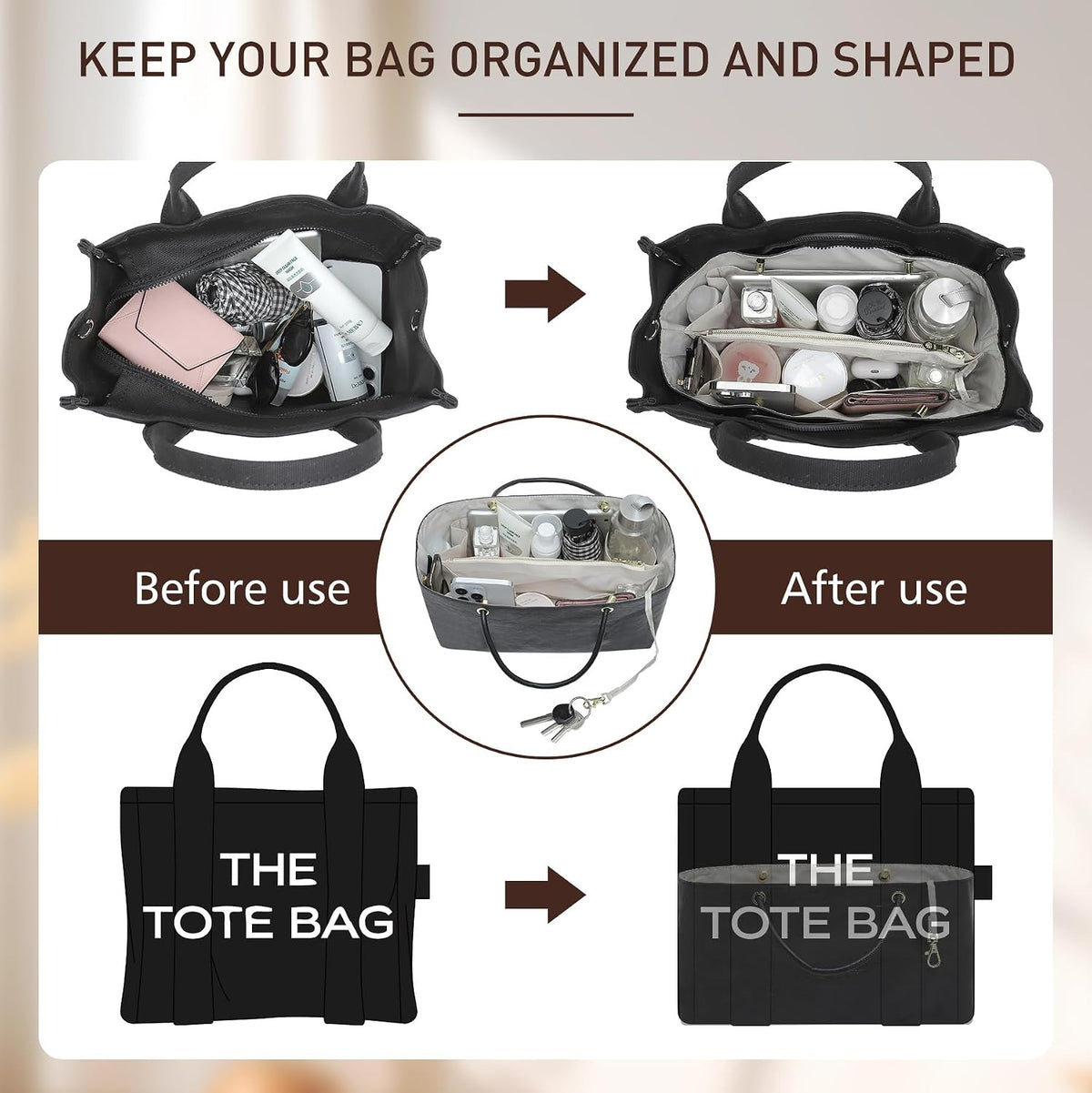 Purse Organizer Insert Compatiable with M arc Jacobs Small Tote Bag, Lightweight Zipper Handbag Organizer with Handle/Elastic Cup Holder/Key Leash, 16 Pockets Bags Divider Shaper, Black$White/S