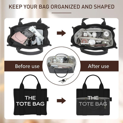 Purse Organizer Insert Compatiable with M arc Jacobs Small Tote Bag, Lightweight Zipper Handbag Organizer with Handle/Elastic Cup Holder/Key Leash, 16 Pockets Bags Divider Shaper, Black$White/S