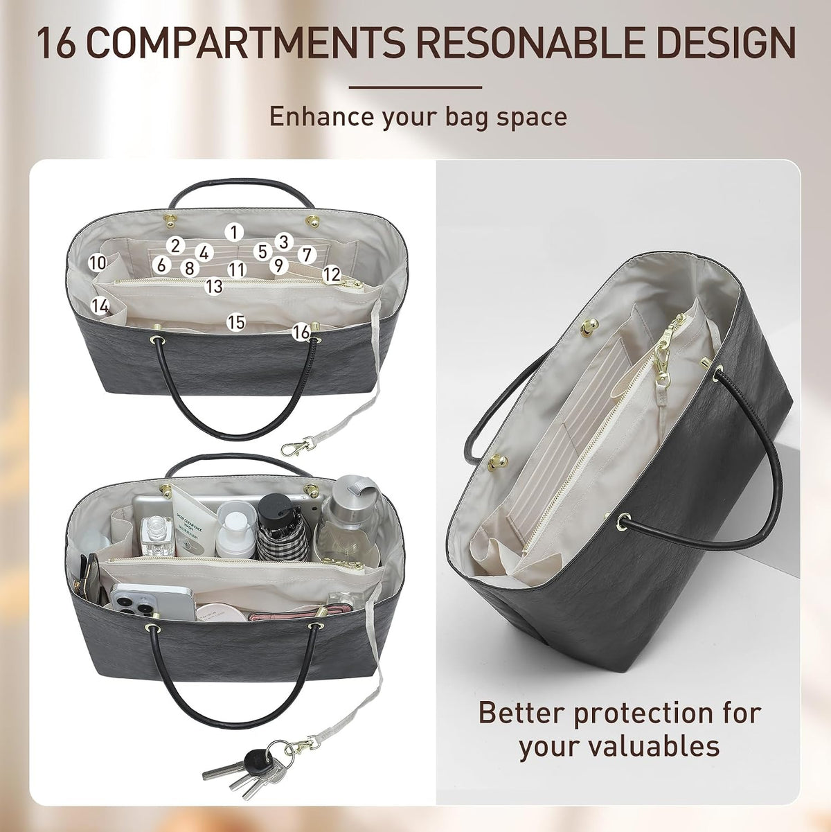 Purse Organizer Insert Compatiable with M arc Jacobs Small Tote Bag, Lightweight Zipper Handbag Organizer with Handle/Elastic Cup Holder/Key Leash, 16 Pockets Bags Divider Shaper, Black$White/S