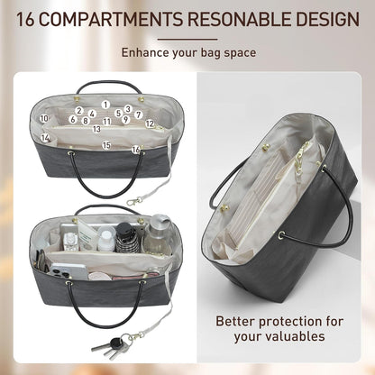 Purse Organizer Insert Compatiable with M arc Jacobs Small Tote Bag, Lightweight Zipper Handbag Organizer with Handle/Elastic Cup Holder/Key Leash, 16 Pockets Bags Divider Shaper, Black$White/S