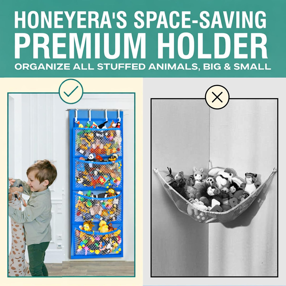 Storage for Stuffed Animal - Over Door Organizer for Stuffies, Baby Accessories, and Toy Plush/Easy Installation with Breathable Hanging Pockets (Green)