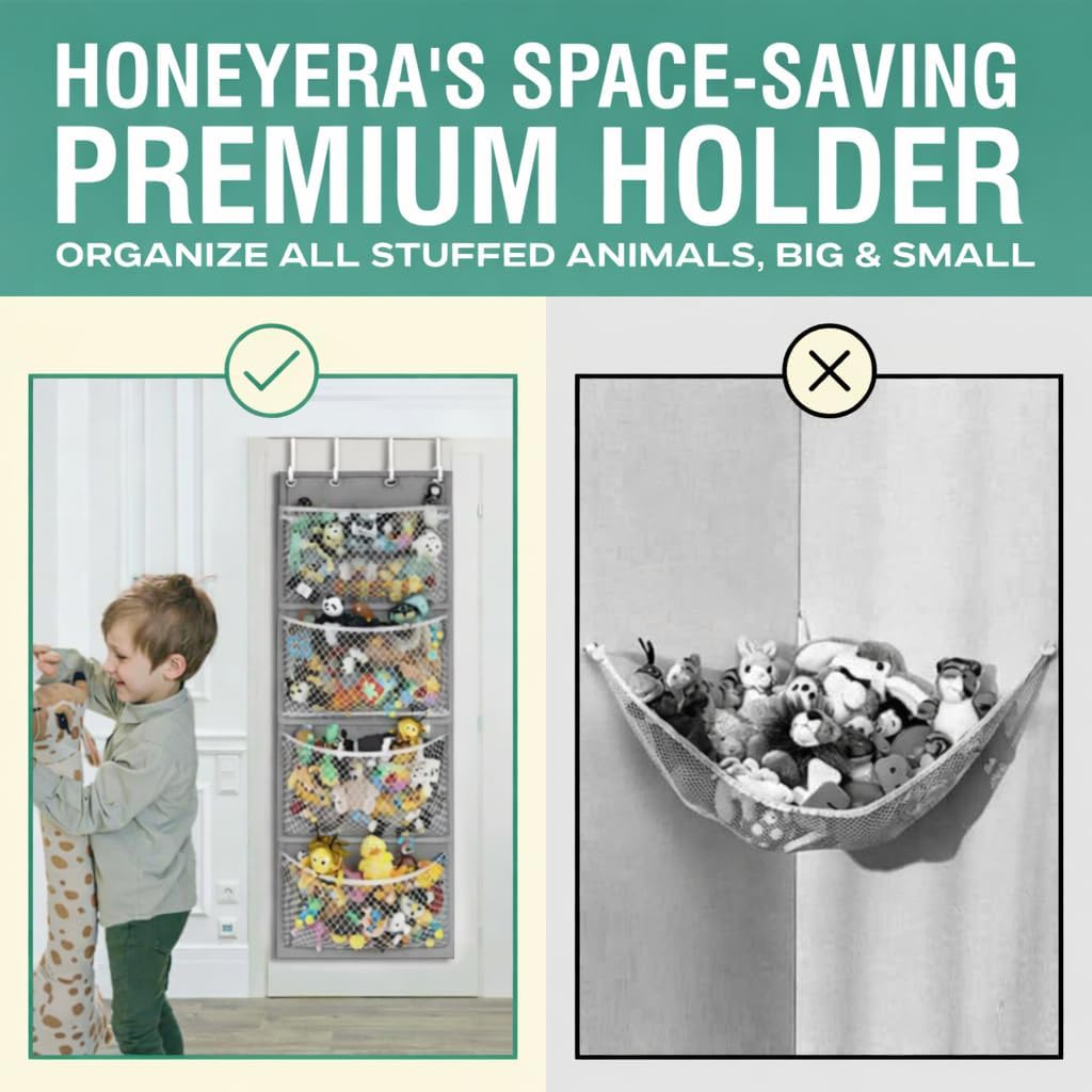 Storage for Stuffed Animal - Over Door Organizer for Stuffies, Baby Accessories, and Toy Plush/Easy Installation with Breathable Hanging Pockets (Green)