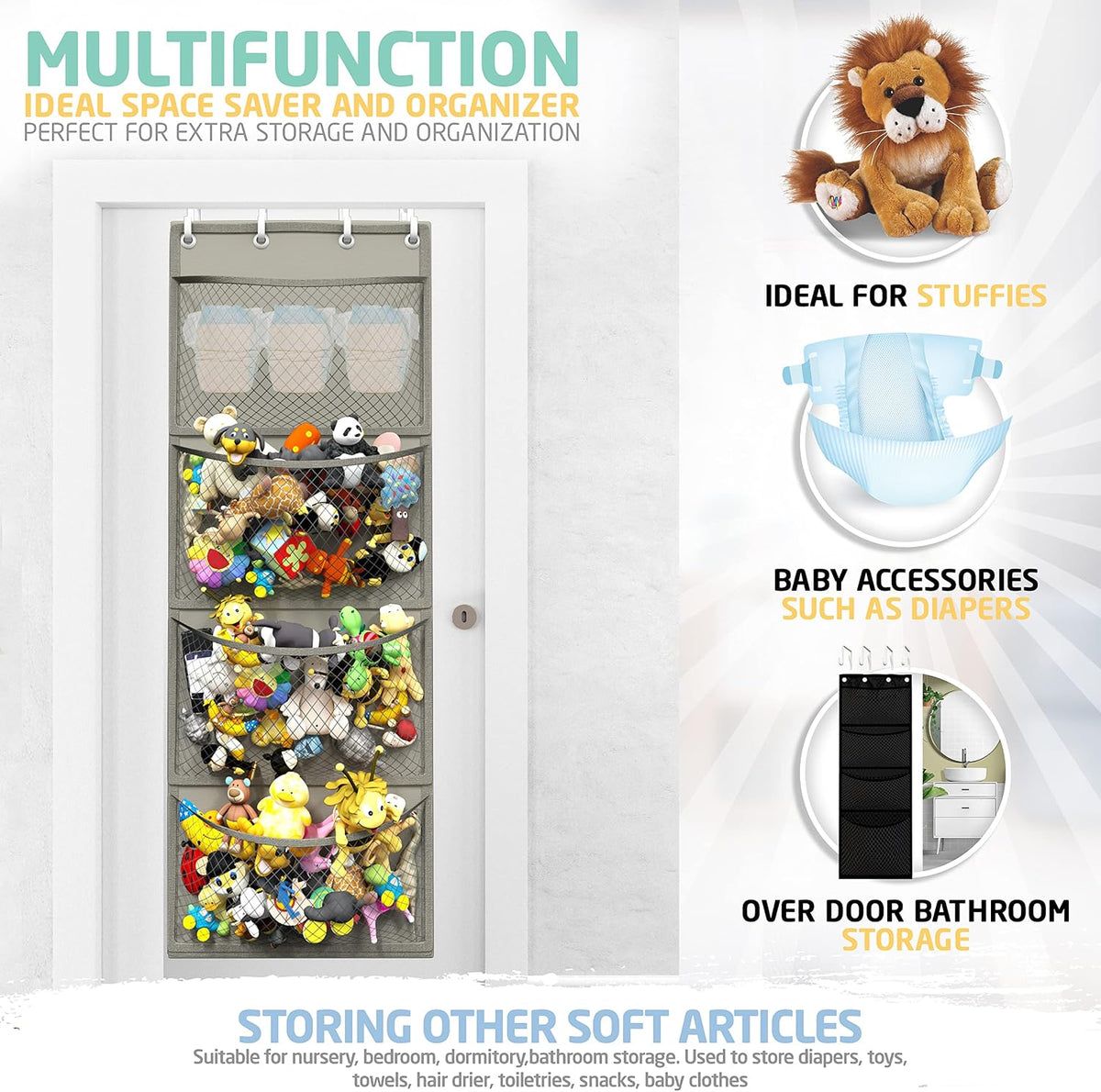 Storage for Stuffed Animal - Over Door Organizer for Stuffies, Baby Accessories, and Toy Plush/Easy Installation with Breathable Hanging Pockets (Green)