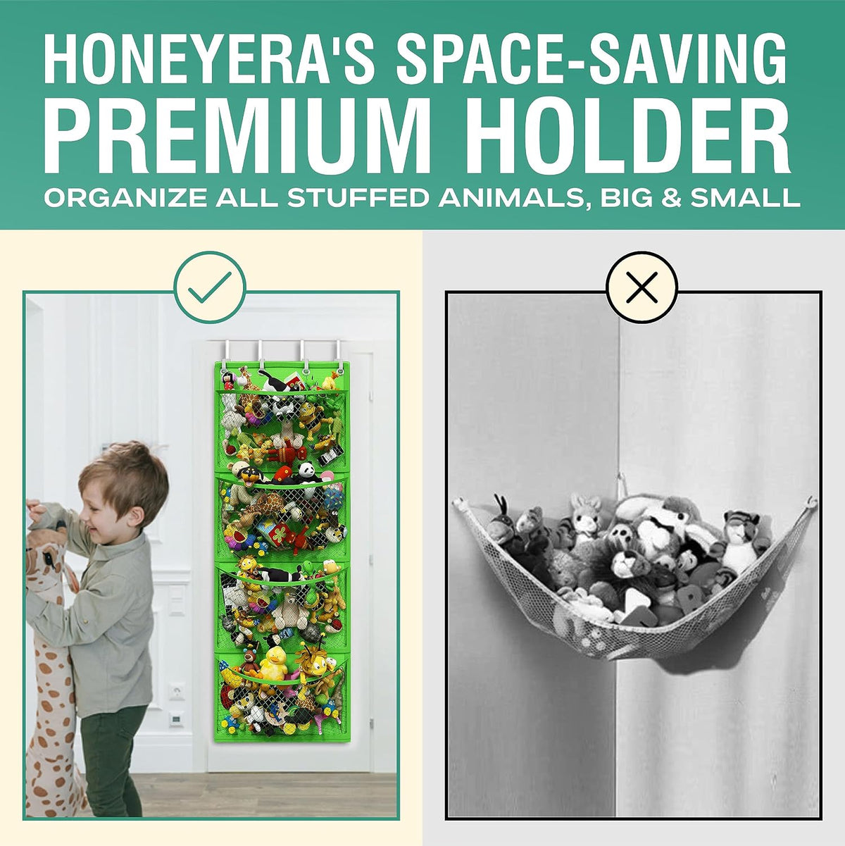 Storage for Stuffed Animal - Over Door Organizer for Stuffies, Baby Accessories, and Toy Plush/Easy Installation with Breathable Hanging Pockets (Green)