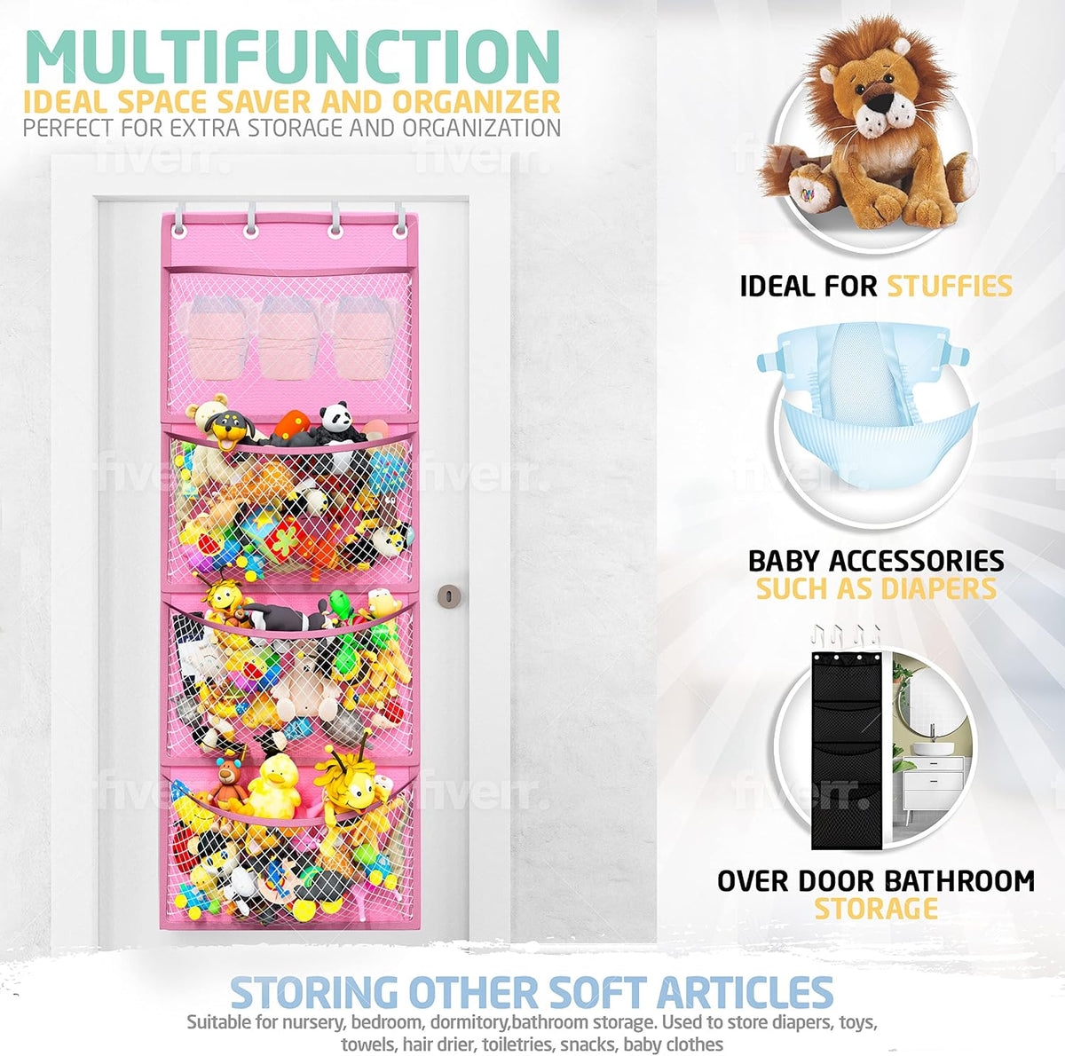 Storage for Stuffed Animal - Over Door Organizer for Stuffies, Baby Accessories, and Toy Plush/Easy Installation with Breathable Hanging Pockets (Green)