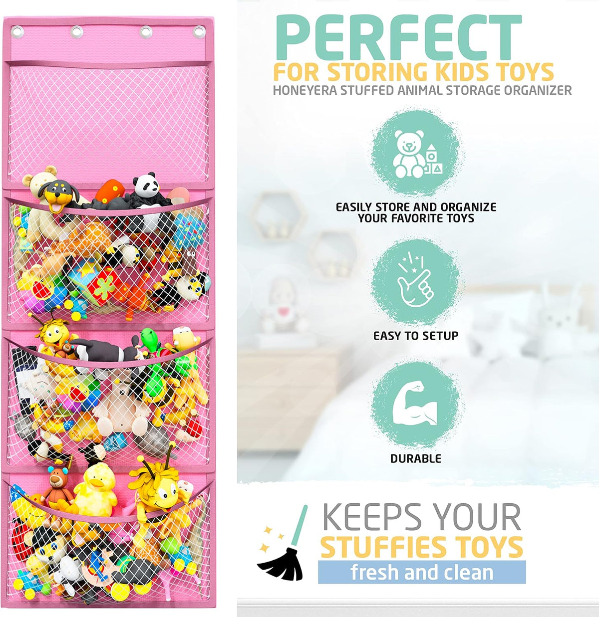 Storage for Stuffed Animal - Over Door Organizer for Stuffies, Baby Accessories, and Toy Plush/Easy Installation with Breathable Hanging Pockets (Green)