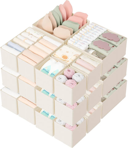 Drawer Organizer 18-Piece Set, Dresser Organizer for Baby Clothes, Foldable Closet Storage & Drawer Dividers for Underwear, Socks, Nursery (Beige)