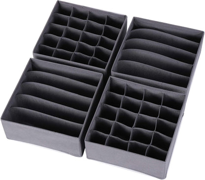 4 Pack Foldable Cloth Storage Box Closet Dresser Drawer Organizer Fabric Baskets Bins Containers Divider for Clothes Underwear Bras Socks Lingerie Clothing, Dark Grey 22-0000