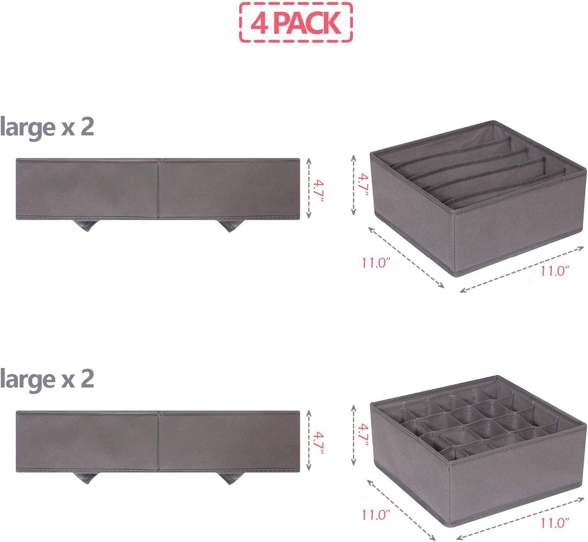 4 Pack Foldable Cloth Storage Box Closet Dresser Drawer Organizer Fabric Baskets Bins Containers Divider for Clothes Underwear Bras Socks Lingerie Clothing, Dark Grey 22-0000