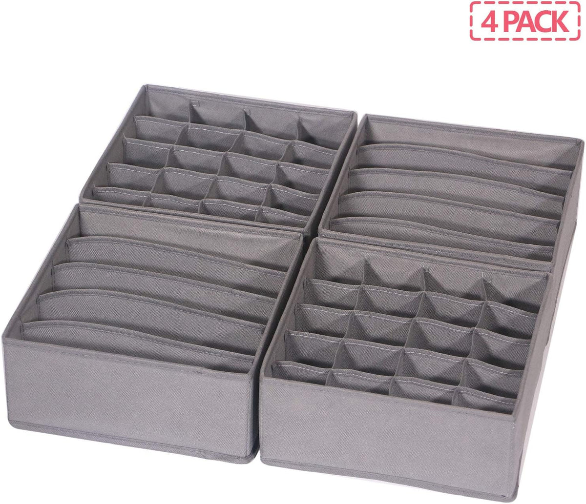 4 Pack Foldable Cloth Storage Box Closet Dresser Drawer Organizer Fabric Baskets Bins Containers Divider for Clothes Underwear Bras Socks Lingerie Clothing, Dark Grey 22-0000