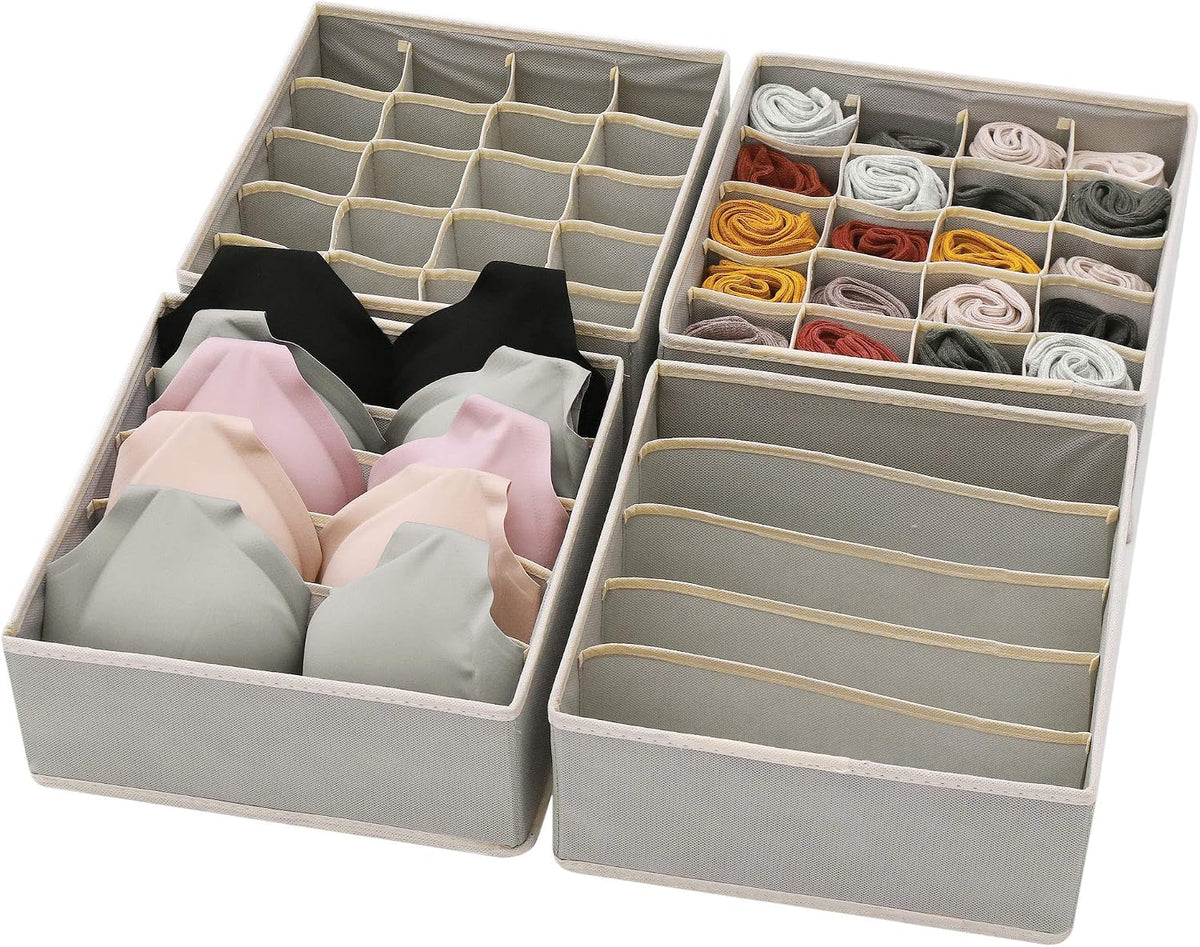 4 Pack Foldable Cloth Storage Box Closet Dresser Drawer Organizer Fabric Baskets Bins Containers Divider for Clothes Underwear Bras Socks Lingerie Clothing, Dark Grey 22-0000