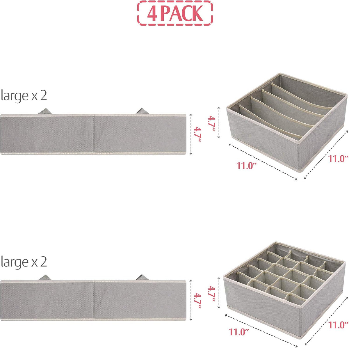 4 Pack Foldable Cloth Storage Box Closet Dresser Drawer Organizer Fabric Baskets Bins Containers Divider for Clothes Underwear Bras Socks Lingerie Clothing, Dark Grey 22-0000
