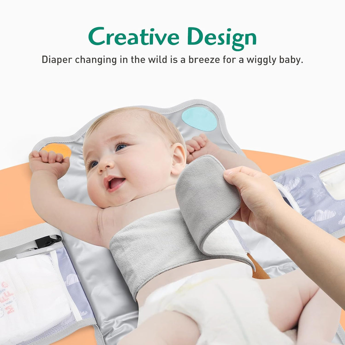 Anti Roll Diaper Changing Pad Mat with Swaddle Strap 3-in-1 Portable Waterproof Foldable Travel Station Built-in Pillow, Wipes Holder, Storage Pockets, Shower Gift for Newborns Girls,Boys