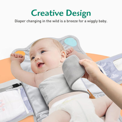 Anti Roll Diaper Changing Pad Mat with Swaddle Strap 3-in-1 Portable Waterproof Foldable Travel Station Built-in Pillow, Wipes Holder, Storage Pockets, Shower Gift for Newborns Girls,Boys
