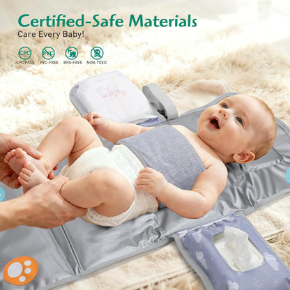 Anti Roll Diaper Changing Pad Mat with Swaddle Strap 3-in-1 Portable Waterproof Foldable Travel Station Built-in Pillow, Wipes Holder, Storage Pockets, Shower Gift for Newborns Girls,Boys