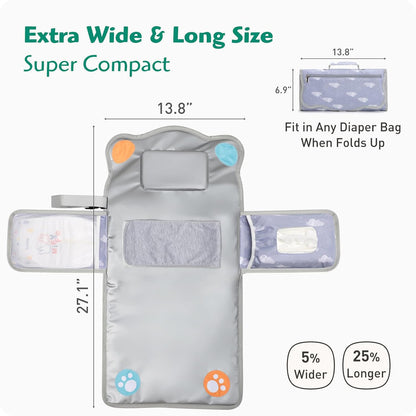 Anti Roll Diaper Changing Pad Mat with Swaddle Strap 3-in-1 Portable Waterproof Foldable Travel Station Built-in Pillow, Wipes Holder, Storage Pockets, Shower Gift for Newborns Girls,Boys