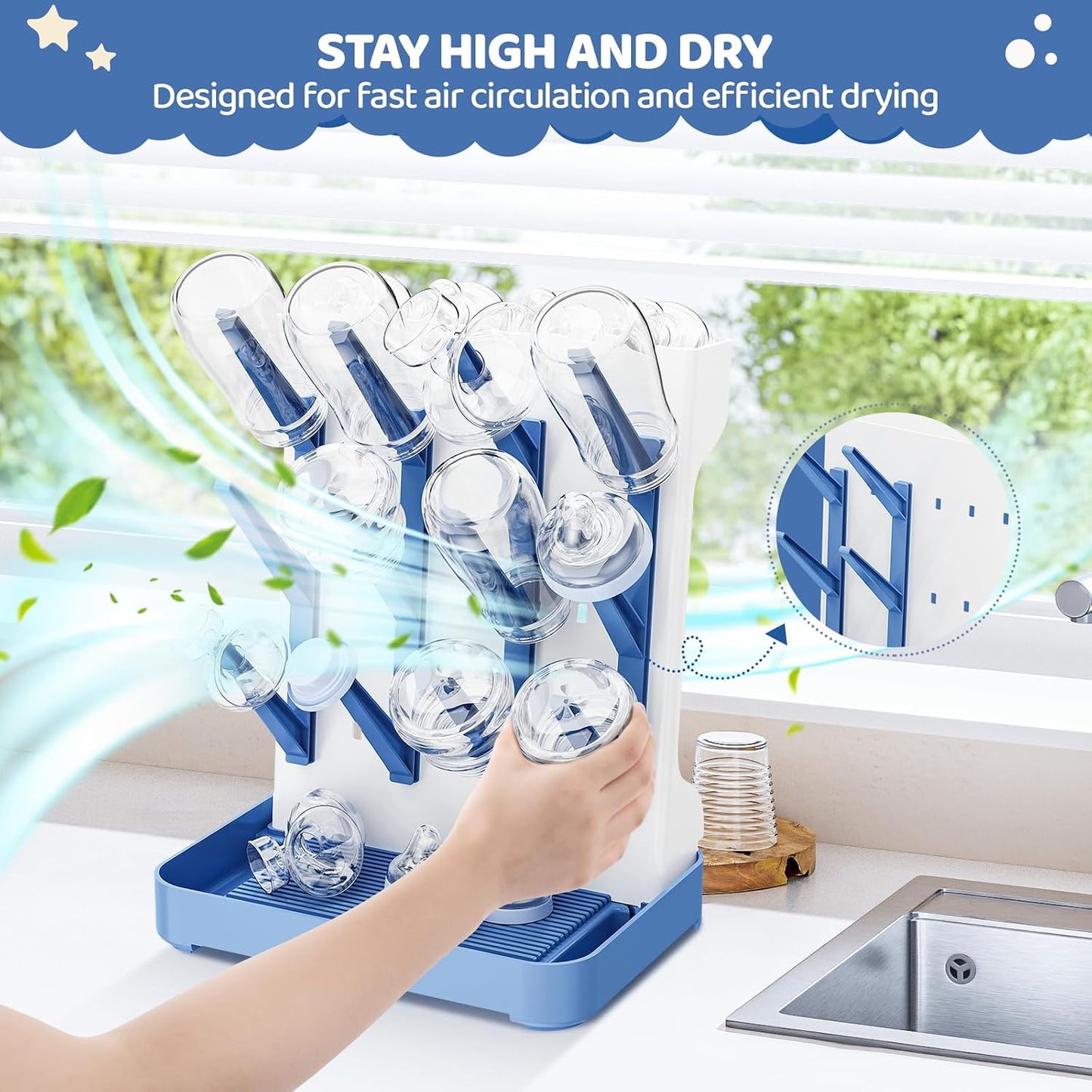 Baby Bottle Drying Rack, Space Saving Vertical Bottle Dryer Holder | Standing Bottle Drying Rack for Countertop Kitchen Organize Bottles, Brushes, Baby Accessories, Blue
